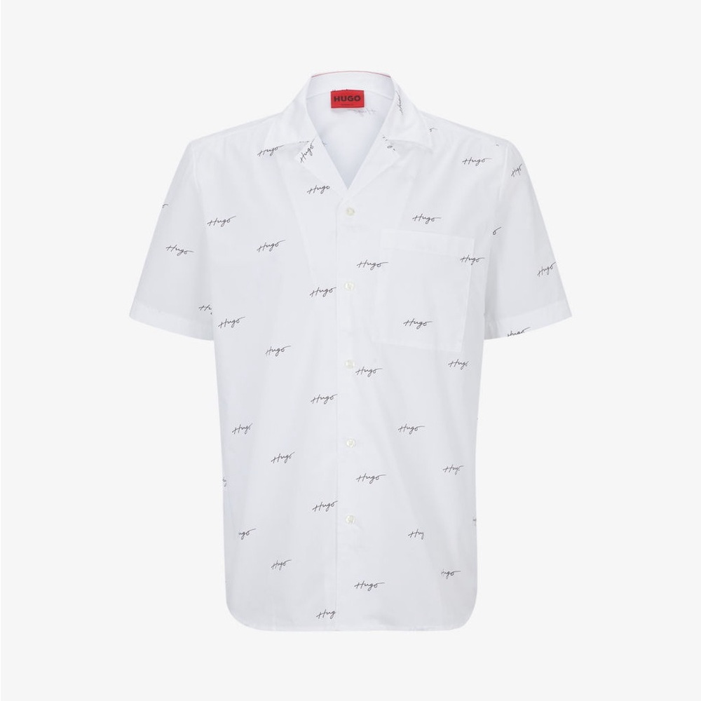 NWT HUGO White Short-Sleeve Button-Down with Subtle Script Print